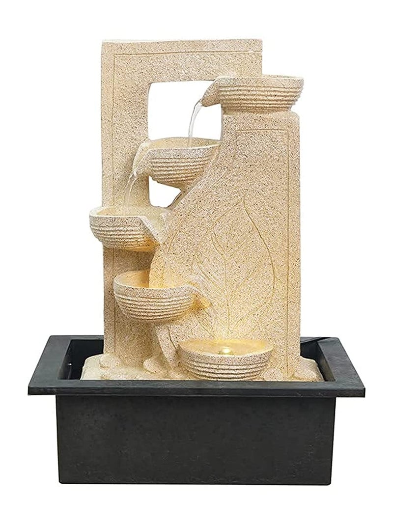 CHRONIKLE CHRONIKLE Polyresin Table Top Stylish Leaf Print 4 Diya Steps Indoor Water Fountain for Home Decor with LED Lights Speed Controller Pump Size 40 x 295 x 22CM Color Cream Weight 2250 Gram 