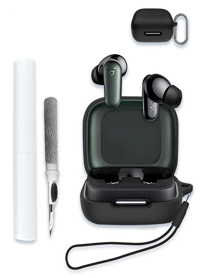 WUNIAK Case for Soundcore by anker P30i Earbuds, Soft Silicone Protective Portable Scratch Shock Resistant Hard Shell with Cleaner Kit & Carabiner & Lanyard，Black - Image 1