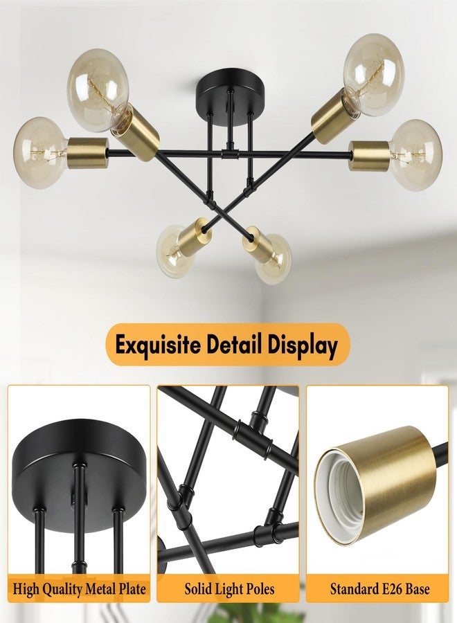 Bosceos Modern Sputnik Chandelier, 6-Light Farmhouse Semi Flush Mount Ceiling Light Fixtures, Industrial Chandeliers for Dining Room Kitchen Bedroom Living Room Hall Foyer Entryway (Black and Gold) - E26 Base - Image 4
