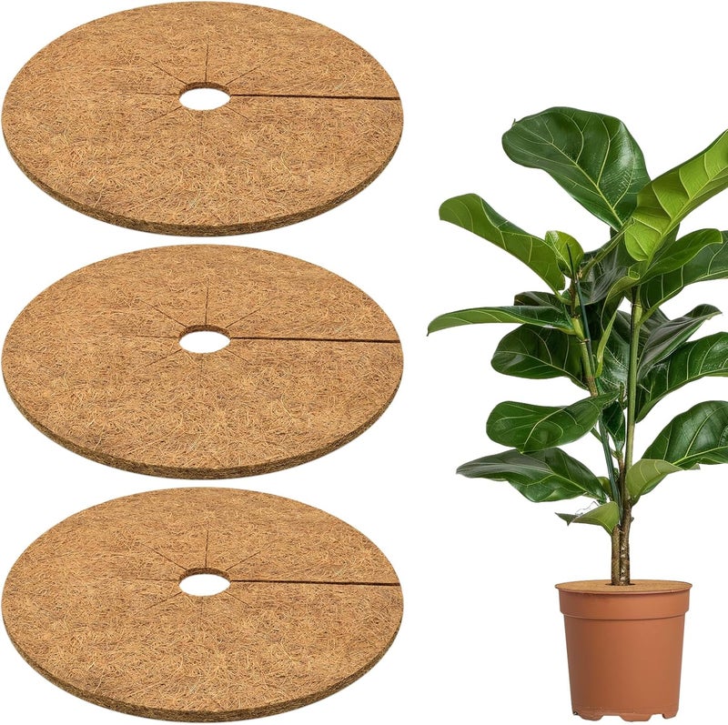 ZeeDix 3 Pack Coconut Fiber Mulch Ring, 14 Inch Coco Coir Tree Ring Mulch Mat, 100% Natural Tree Protector Mat Plant Cover Ring Coconut Coir Discs Tree Mats Mulch Rings for Indoor Outdoor Trees Plants - Image 1