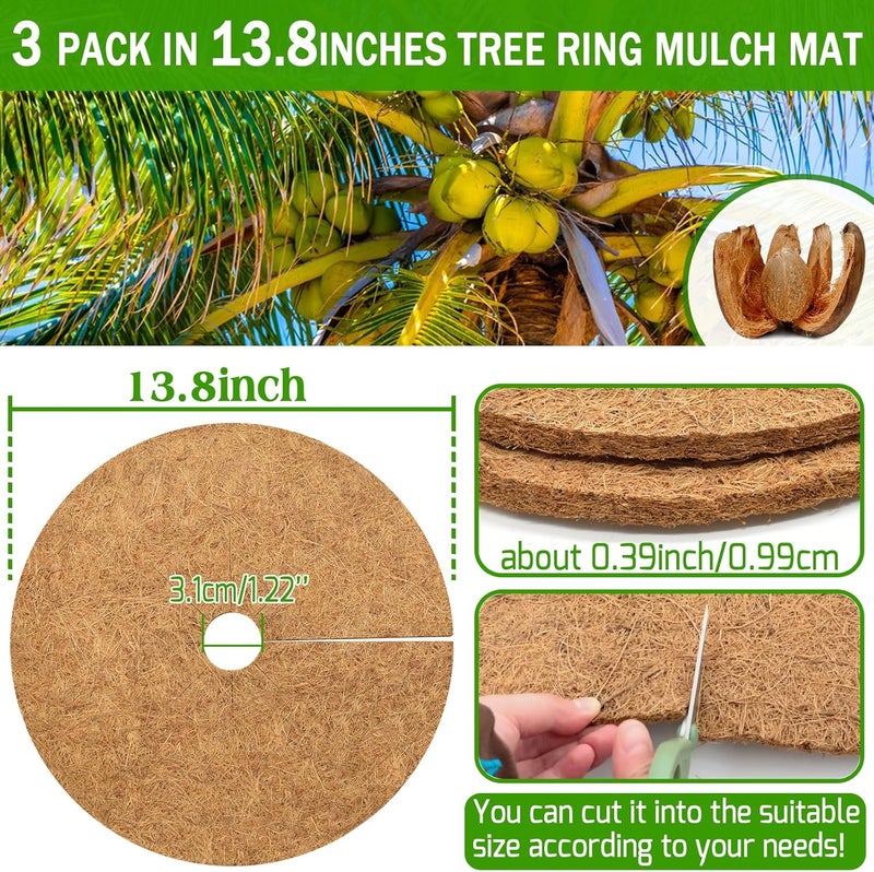 ZeeDix 3 Pack Coconut Fiber Mulch Ring, 14 Inch Coco Coir Tree Ring Mulch Mat, 100% Natural Tree Protector Mat Plant Cover Ring Coconut Coir Discs Tree Mats Mulch Rings for Indoor Outdoor Trees Plants - Image 2