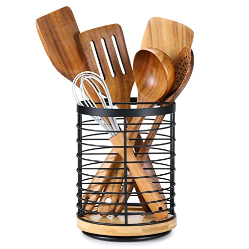 WDT Tool 360° Rotating Utensil holder for Kitchen Counter 5.9 x 5.9 x 7.8 Large Round Utensils Holder with Wooden Base Matte Black Cooking Utensil Holder，Kitchen countertop Utensil Organizer - Image 1