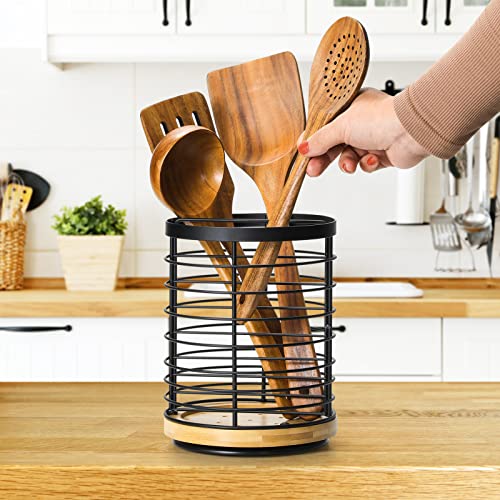 WDT Tool 360° Rotating Utensil holder for Kitchen Counter 5.9 x 5.9 x 7.8 Large Round Utensils Holder with Wooden Base Matte Black Cooking Utensil Holder，Kitchen countertop Utensil Organizer - Image 2