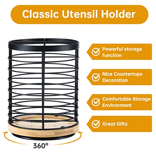 WDT Tool 360° Rotating Utensil holder for Kitchen Counter 5.9 x 5.9 x 7.8 Large Round Utensils Holder with Wooden Base Matte Black Cooking Utensil Holder，Kitchen countertop Utensil Organizer - Image 3