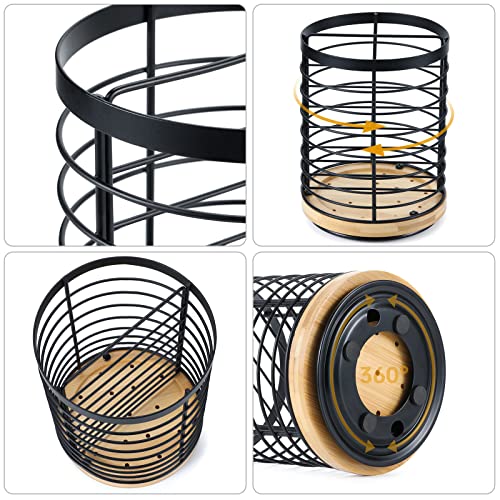 WDT Tool 360° Rotating Utensil holder for Kitchen Counter 5.9 x 5.9 x 7.8 Large Round Utensils Holder with Wooden Base Matte Black Cooking Utensil Holder，Kitchen countertop Utensil Organizer - Image 5