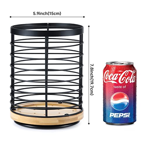 WDT Tool 360° Rotating Utensil holder for Kitchen Counter 5.9 x 5.9 x 7.8 Large Round Utensils Holder with Wooden Base Matte Black Cooking Utensil Holder，Kitchen countertop Utensil Organizer - Image 4