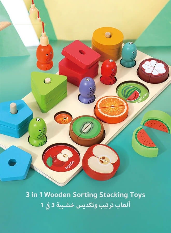DURKU 3-in-1 Wooden Educational Toy – Shape & Color Sorting, Fruit Recognition, Montessori Stacking Puzzle – Interactive Learning Gift for Toddlers & Preschool Kids - Image 1