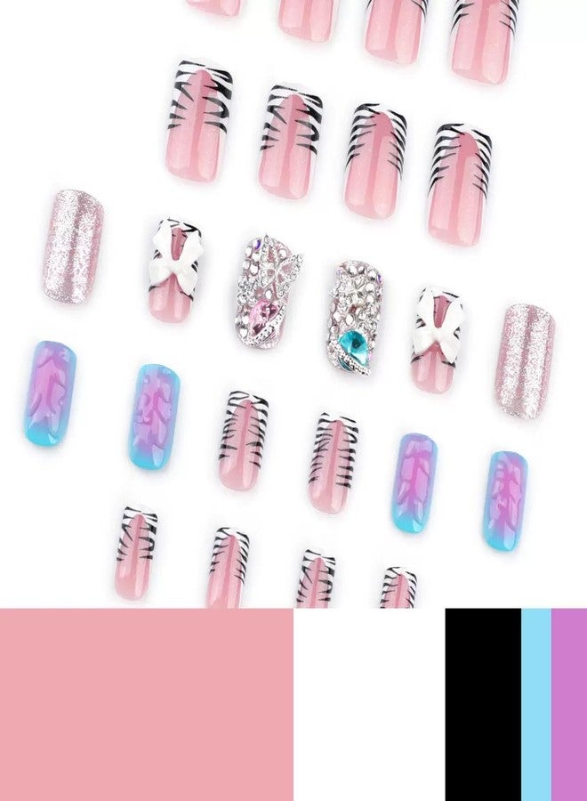 CTTHNBD Press on Nails Square - Short Fake Nails with Bow Butterfly Charms Design - French Tip Stick on False Nails - for Women 24 Pcs - Image 3