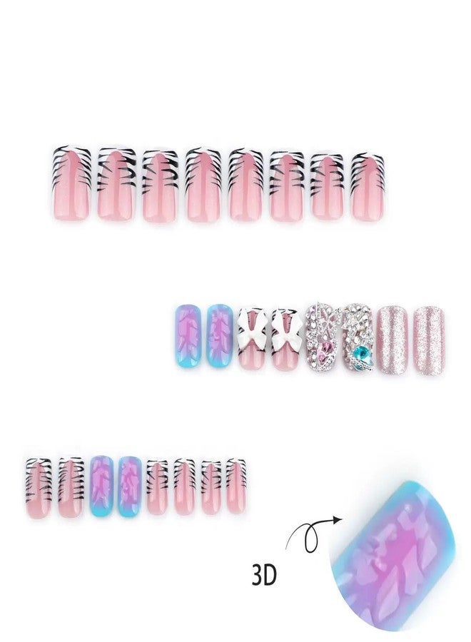 CTTHNBD Press on Nails Square - Short Fake Nails with Bow Butterfly Charms Design - French Tip Stick on False Nails - for Women 24 Pcs - Image 4