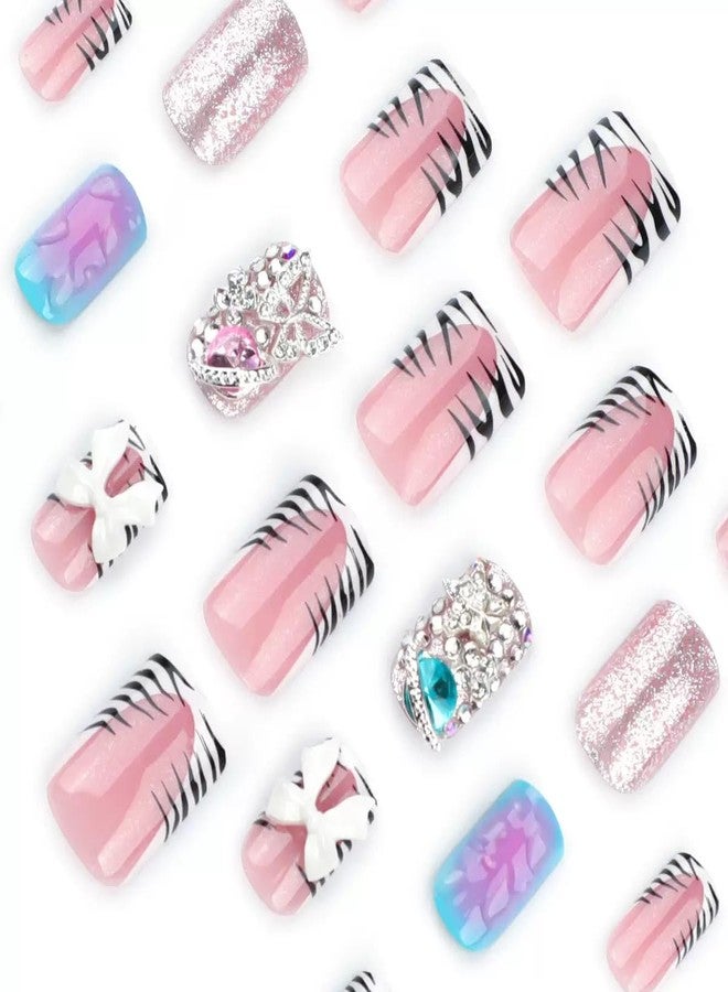CTTHNBD Press on Nails Square - Short Fake Nails with Bow Butterfly Charms Design - French Tip Stick on False Nails - for Women 24 Pcs - Image 2