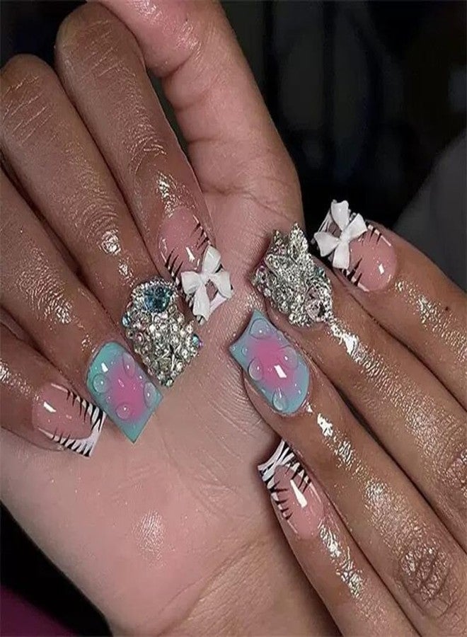 CTTHNBD Press on Nails Square - Short Fake Nails with Bow Butterfly Charms Design - French Tip Stick on False Nails - for Women 24 Pcs - Image 1