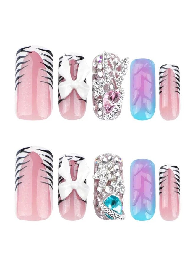 CTTHNBD Press on Nails Square - Short Fake Nails with Bow Butterfly Charms Design - French Tip Stick on False Nails - for Women 24 Pcs - Image 5