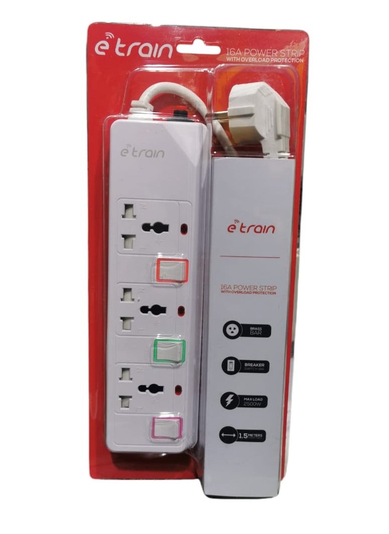 Etrain ETrain PS073 Power Strip with 3 European Ports Length 1.5 m with On-Off Switch 16A - White  - Image 3