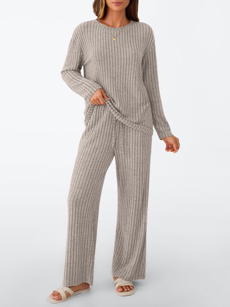 LILLUSORY Womens Lounge Sets 2 Piece Matching Pajamas Fall Fashion 2026 Ribbed Knit Outfits Long Sleeve Casual Sweatsuits Trendy Plus Size Sweaters Cute Sleep Wears Travel Soft Clothes Khaki S - Image 2