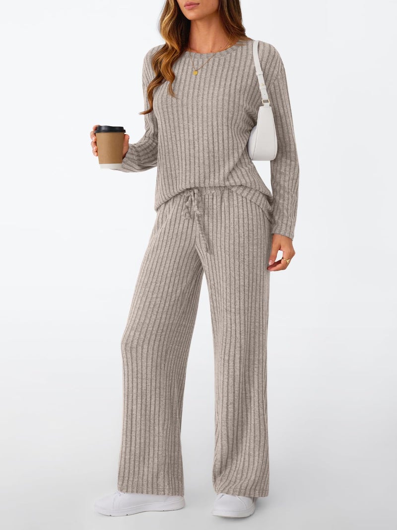 LILLUSORY Womens Lounge Sets 2 Piece Matching Pajamas Fall Fashion 2026 Ribbed Knit Outfits Long Sleeve Casual Sweatsuits Trendy Plus Size Sweaters Cute Sleep Wears Travel Soft Clothes Khaki S - Image 3
