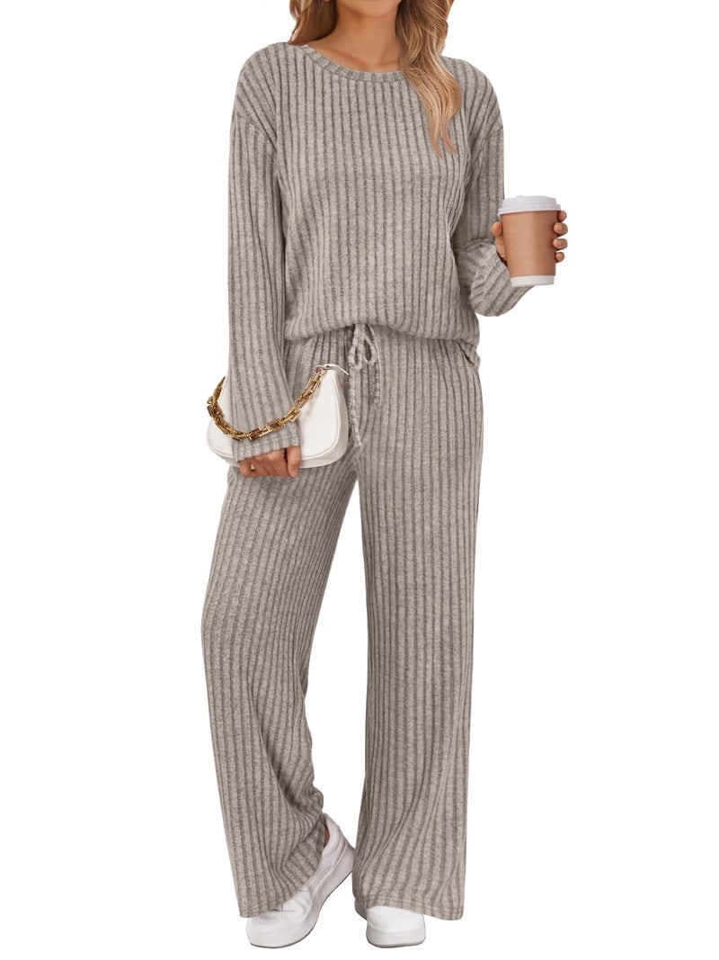 LILLUSORY Womens Lounge Sets 2 Piece Matching Pajamas Fall Fashion 2026 Ribbed Knit Outfits Long Sleeve Casual Sweatsuits Trendy Plus Size Sweaters Cute Sleep Wears Travel Soft Clothes Khaki S - Image 1