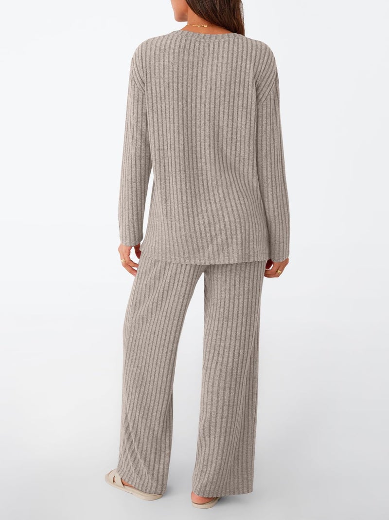 LILLUSORY Womens Lounge Sets 2 Piece Matching Pajamas Fall Fashion 2026 Ribbed Knit Outfits Long Sleeve Casual Sweatsuits Trendy Plus Size Sweaters Cute Sleep Wears Travel Soft Clothes Khaki S - Image 4