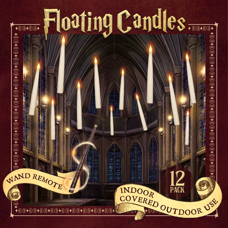 ORIENTAL CHERRY Halloween Decorations - Floating Candles with Wand - 12 Pcs Magic Flickering Warm Light Flameless Floating LED Candle Christmas Decor - Stocking Stuffers for Indoor Classroom Bedroom Party - Image 1