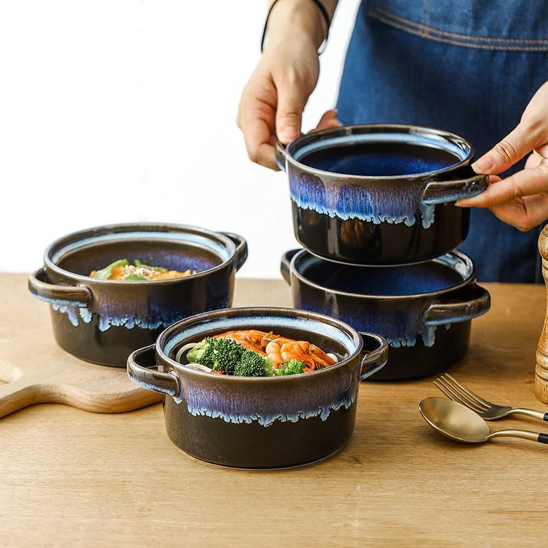 KOOV Porcelain Soup Bowls With Handles  Microwave Safe Large 24 Ounce for Cereal Stew French Onion  Reactive Glaze Set of 4 Nebula Blue - Image 4