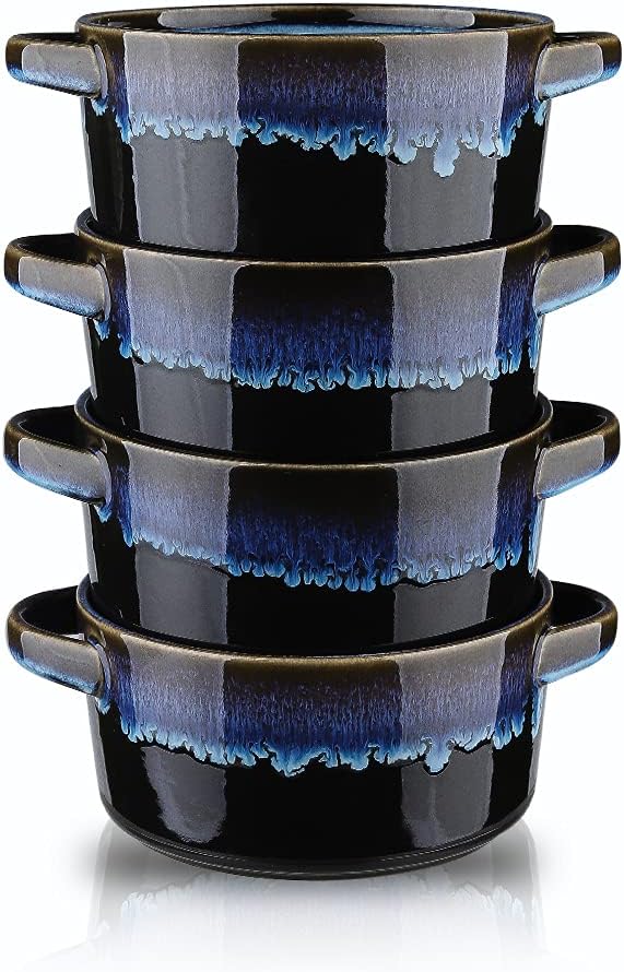 KOOV Porcelain Soup Bowls With Handles  Microwave Safe Large 24 Ounce for Cereal Stew French Onion  Reactive Glaze Set of 4 Nebula Blue - Image 1