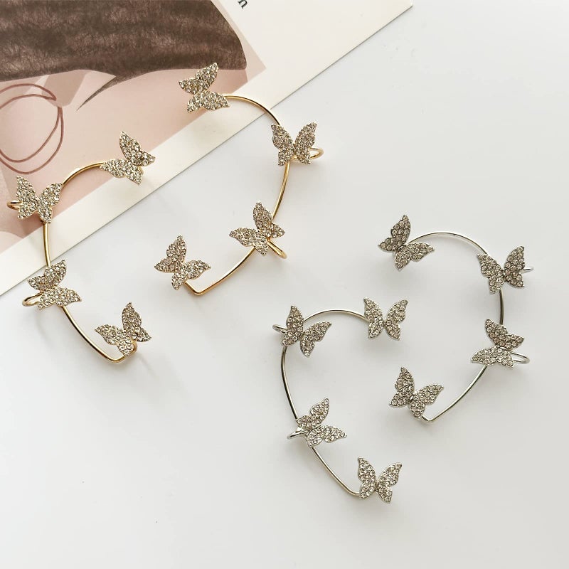 DOLLESS Butterfly Ear Cuffs Earrings Rhinestone Butterfly Ear Wrap No Piercing Ear Cuff Clip On Earrings for Women (Gold) - Image 5