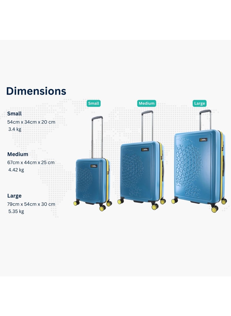 NATIONAL GEOGRAPHIC - National Geographic Globe ABS Hardshell Luggage Set, Durable Lightweight Travel Suitcase, 4 Double Wheel Trolley Bag with TSA Combination Lock 3pcs Blue (20+24+28 Inch). - Image 1