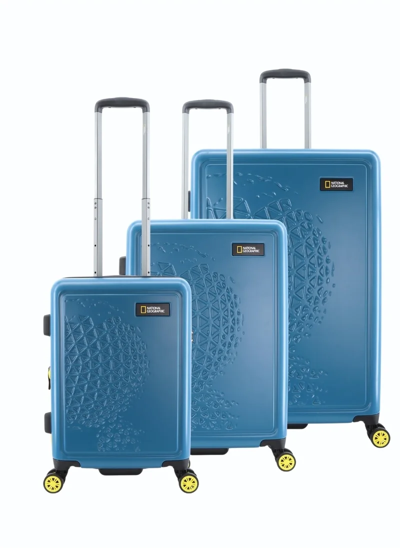 NATIONAL GEOGRAPHIC National Geographic Globe ABS Hardshell Luggage Set, Durable Lightweight Travel Suitcase, 4 Double Wheel Trolley Bag with TSA Combination Lock 3pcs Blue (20+24+28 Inch).