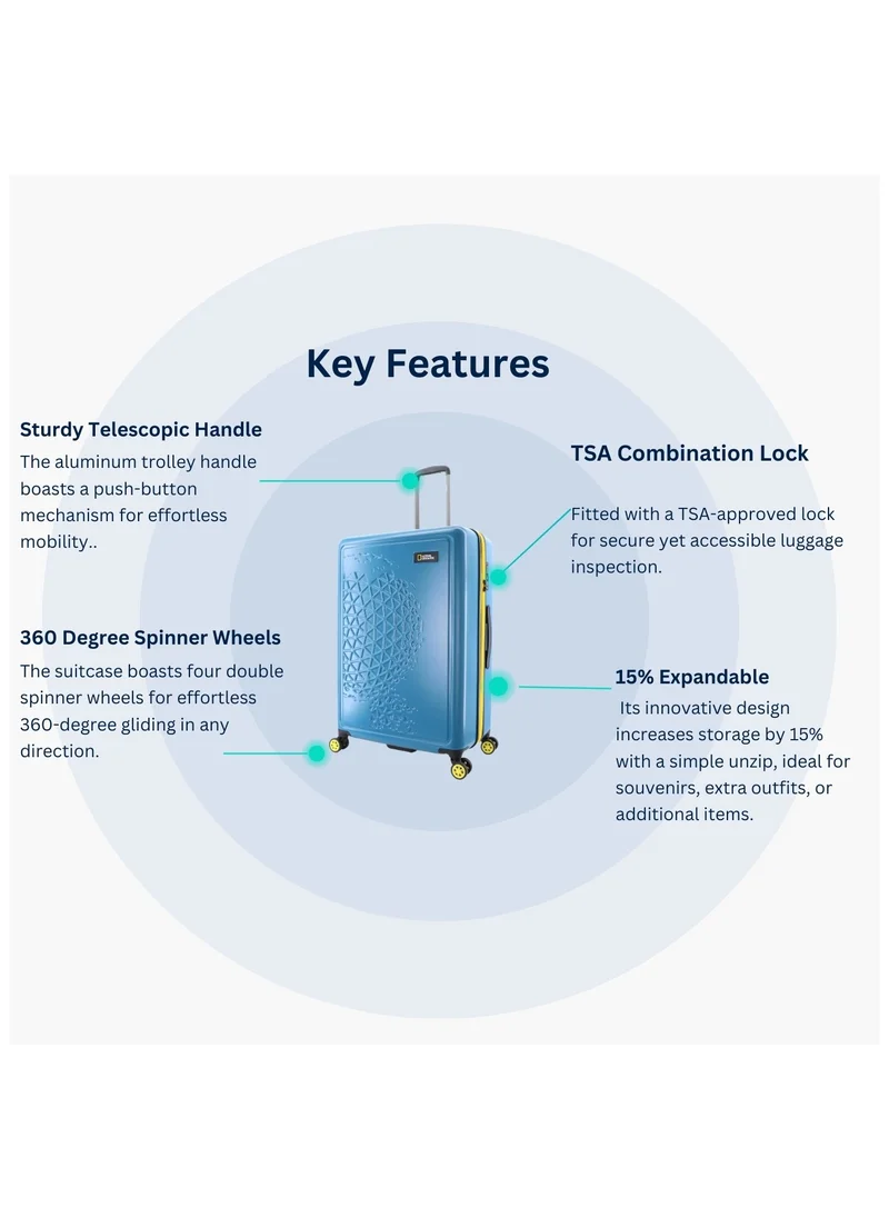 NATIONAL GEOGRAPHIC National Geographic Globe ABS Hardshell Luggage Set, Durable Lightweight Travel Suitcase, 4 Double Wheel Trolley Bag with TSA Combination Lock 3pcs Blue (20+24+28 Inch).