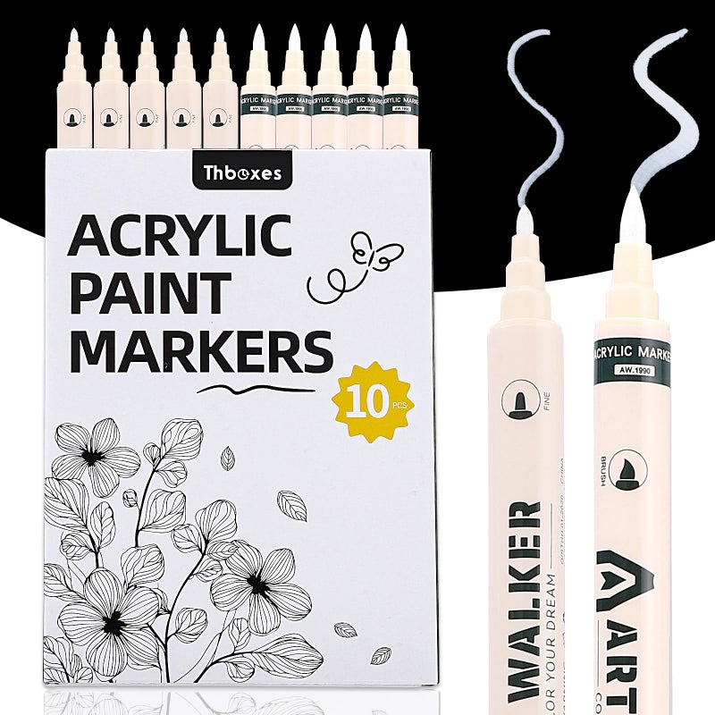 Thboxes 10 Pack White Paint Markers, Dual-Tip Acrylic Paint Pen Fine Tip and Brush Tip Markers for Fabric Wood Metal Rock Glass Plastic Canvas School Supplies Art Supplies - Image 1