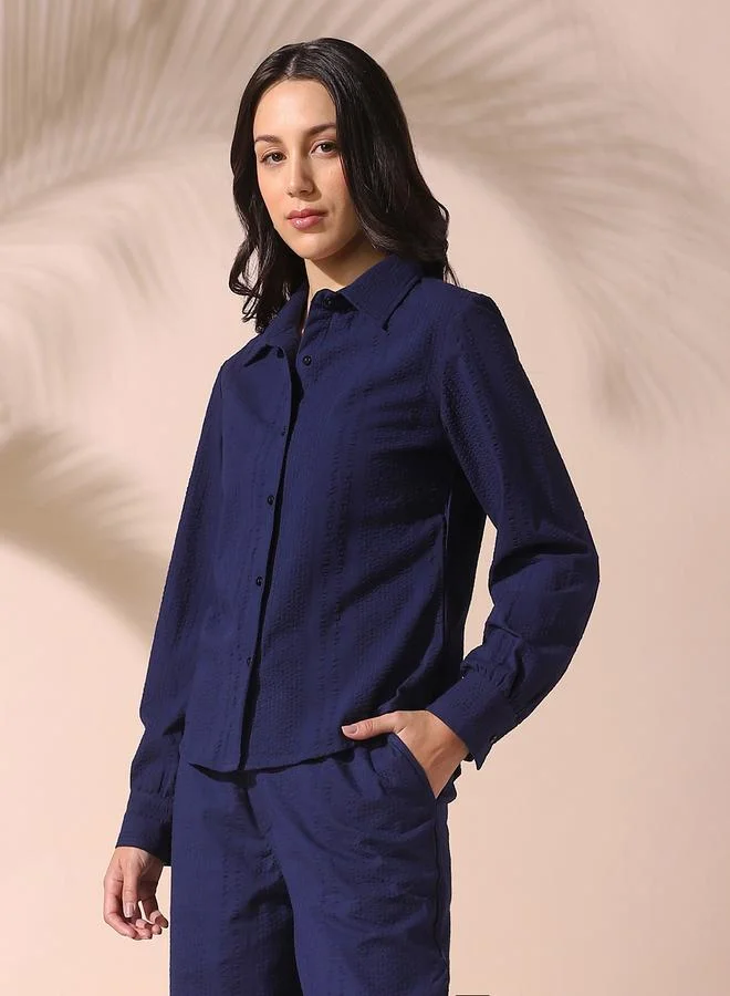 Dennis Lingo  Women'S Navy Cotton Blend Solid Textured Button Down Regular FiT-Shirt for Women | Best Price UAE