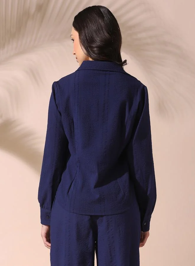 Dennis Lingo  Women'S Navy Cotton Blend Solid Textured Button Down Regular FiT-Shirt for Women | Best Price UAE