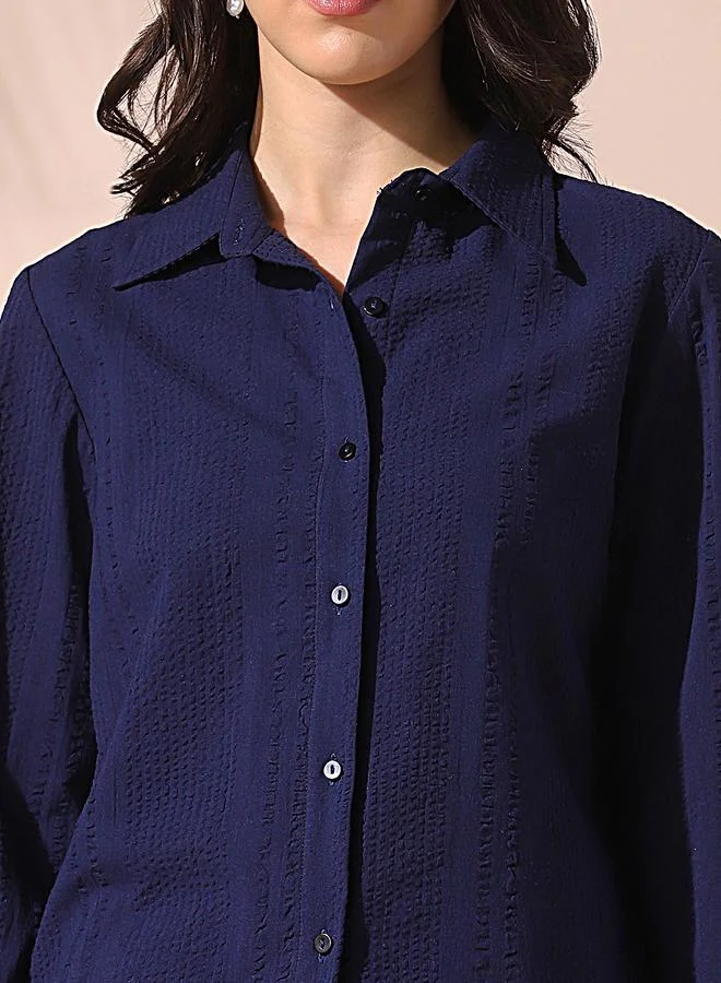 Dennis Lingo  Women'S Navy Cotton Blend Solid Textured Button Down Regular FiT-Shirt for Women | Best Price UAE