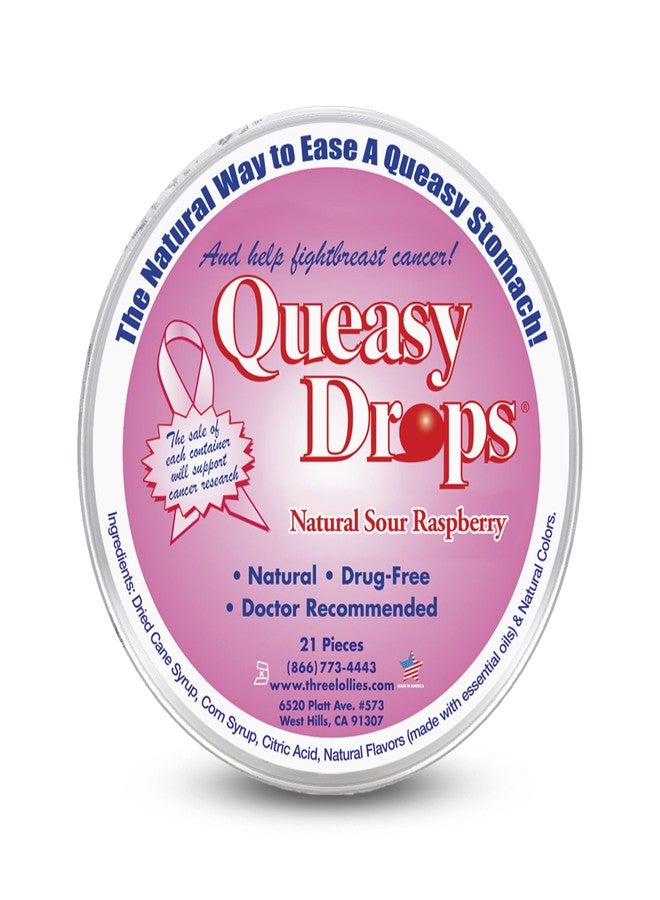 Three Lollies Queasy Drops - Sour Raspberry Flavor - Travel Sickness & Nausea Relief, Soothes Stomach & Dry Mouth, Natural Ingredients - 21 ct - Image 1