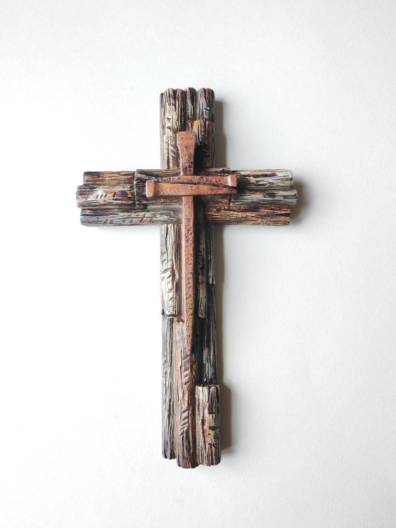 Eagrafts Rustic Decorative Layered Wood Like Resin Wall Cross With Faux Iron Nails, Home Wall Decor - Image 5