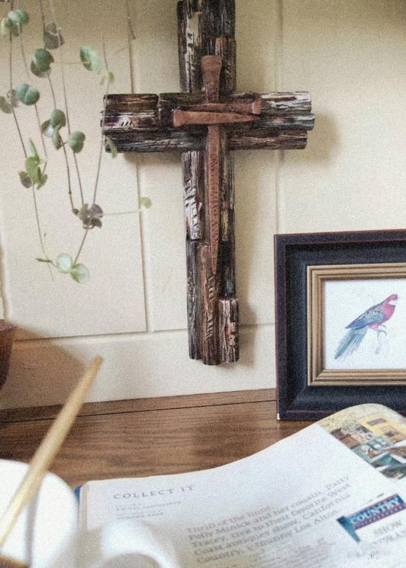 Eagrafts Rustic Decorative Layered Wood Like Resin Wall Cross With Faux Iron Nails, Home Wall Decor - Image 3