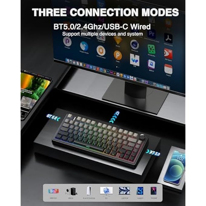 rayihni لوحة مفاتيح ميكانيكية لاسلكية F75 PRO، لوحة مفاتيح مخصصة قابلة للتبديل بنسبة 75% مع مقبض، إضاءة خلفية RGB، مفاتيح REAPER مشحمة مسبقًا، مفاتيح PBT مطبوعة من الجانبين، لوحات مفاتيح ألعاب ميكانيكية 2.4GHz/USB-C/BT5.0 - Image 2