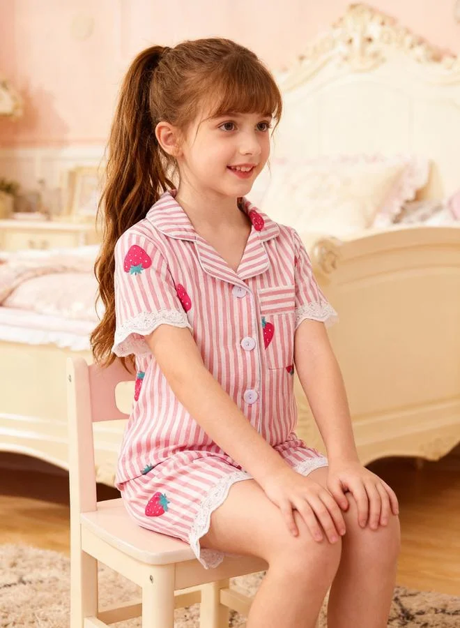 Take Two  Girls Striped Graphic Print Lace Trim Shirt And Shorts Pyjama Set for Women | Best Price UAE