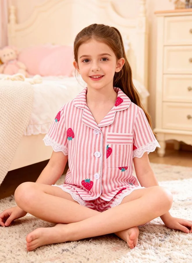 Take Two  Girls Striped Graphic Print Lace Trim Shirt And Shorts Pyjama Set for Women | Best Price UAE