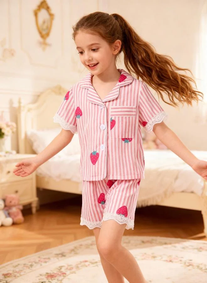 Take Two  Girls Striped Graphic Print Lace Trim Shirt And Shorts Pyjama Set for Women | Best Price UAE