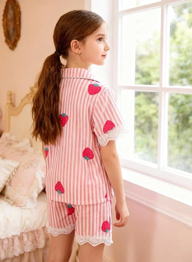 Take Two Girls Striped Graphic Print Lace Trim Shirt and Shorts Pyjama Set