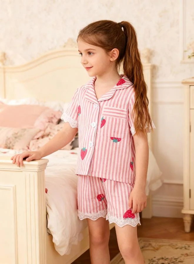 Take Two  Girls Striped Graphic Print Lace Trim Shirt And Shorts Pyjama Set for Women | Best Price UAE