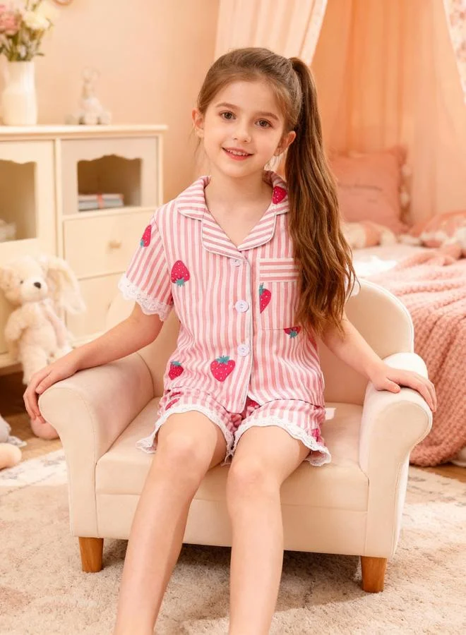 Take Two  Girls Striped Graphic Print Lace Trim Shirt And Shorts Pyjama Set for Women | Best Price UAE