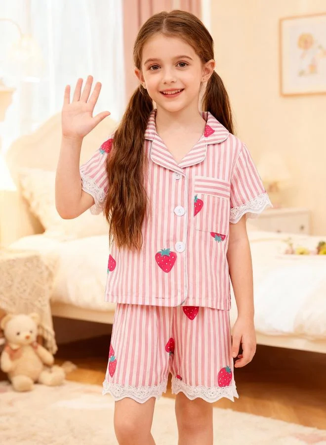 Take Two Girls Striped Graphic Print Lace Trim Shirt and Shorts Pyjama Set