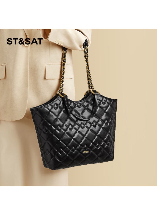 St&sat Women's Handbag, New Style Tote Bag, Chanel-inspired Large Capacity Bag, Diamond Pattern Shoulder Bag For Commuting, 14/15 Inch Laptop Bag - Image 3