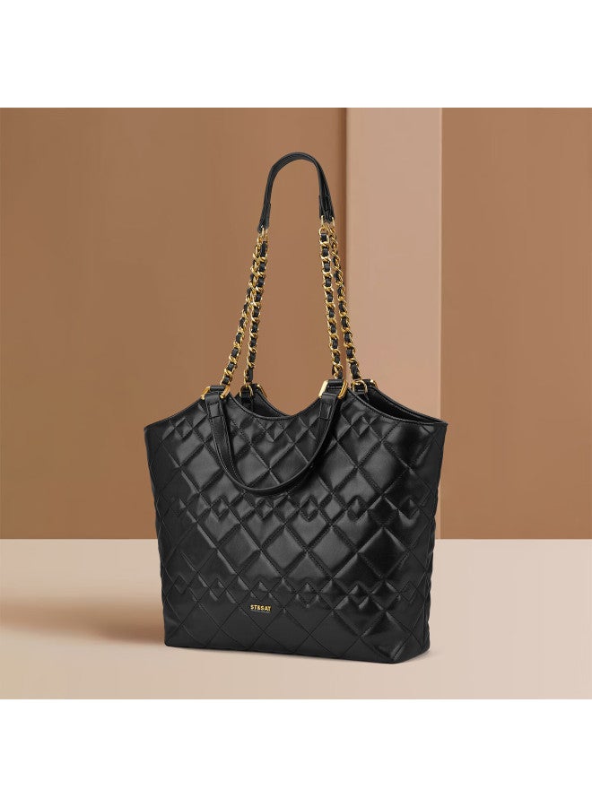 St&sat Women's Handbag, New Style Tote Bag, Chanel-inspired Large Capacity Bag, Diamond Pattern Shoulder Bag For Commuting, 14/15 Inch Laptop Bag - Image 4