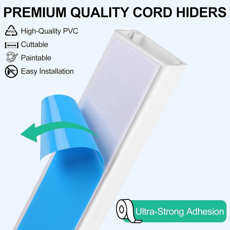 Rindion Cord Hider, 113.6in Cable Hider, Cord Covers for Wires on Wall, Wire Covers for Cords on Wall, Cable Management Wire Hiders for TV, 8 x L14.2 x W0.94x H0.55in - White - Image 5