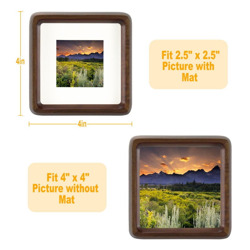 Helplex 4x4 إطار الصورة مجموعة من 2 صورة عرض 2.5x2.5 مع حصيرة أو 4x4 بدون حصيرة مصنوعة من خشب الجوز الطبيعي HD الزجاج المقسى 4 × 4 إطارات الصورة مربعة للجدار أو الطاولة - Image 2