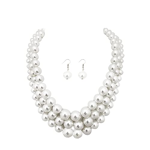 Fashion 21 Women's Faux Pearl Three Multi-Strand Statement Necklace and Earrings Set (White) - Image 1