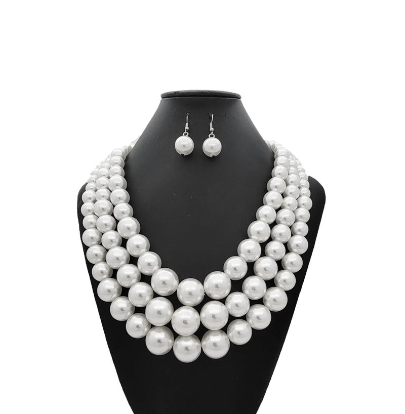 Fashion 21 Women's Faux Pearl Three Multi-Strand Statement Necklace and Earrings Set (White) - Image 3