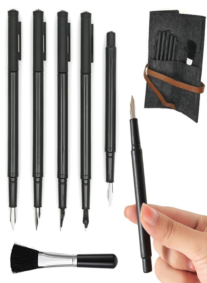 AP ARTSPER Scratch Art Tools 5-Piece Set, DIY Scratching Drawing Painting Pen, Fountain Pen Shape, Scratch Stick Stylus Tools Bag with Clean Brush (Black) - Image 1